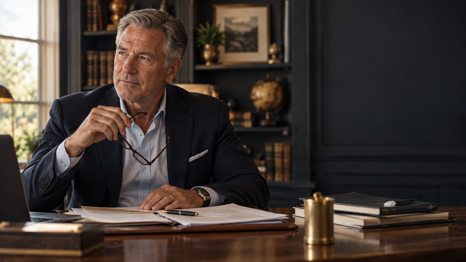 A thoughtful executive holding his glasses while reviewing his retirement options
