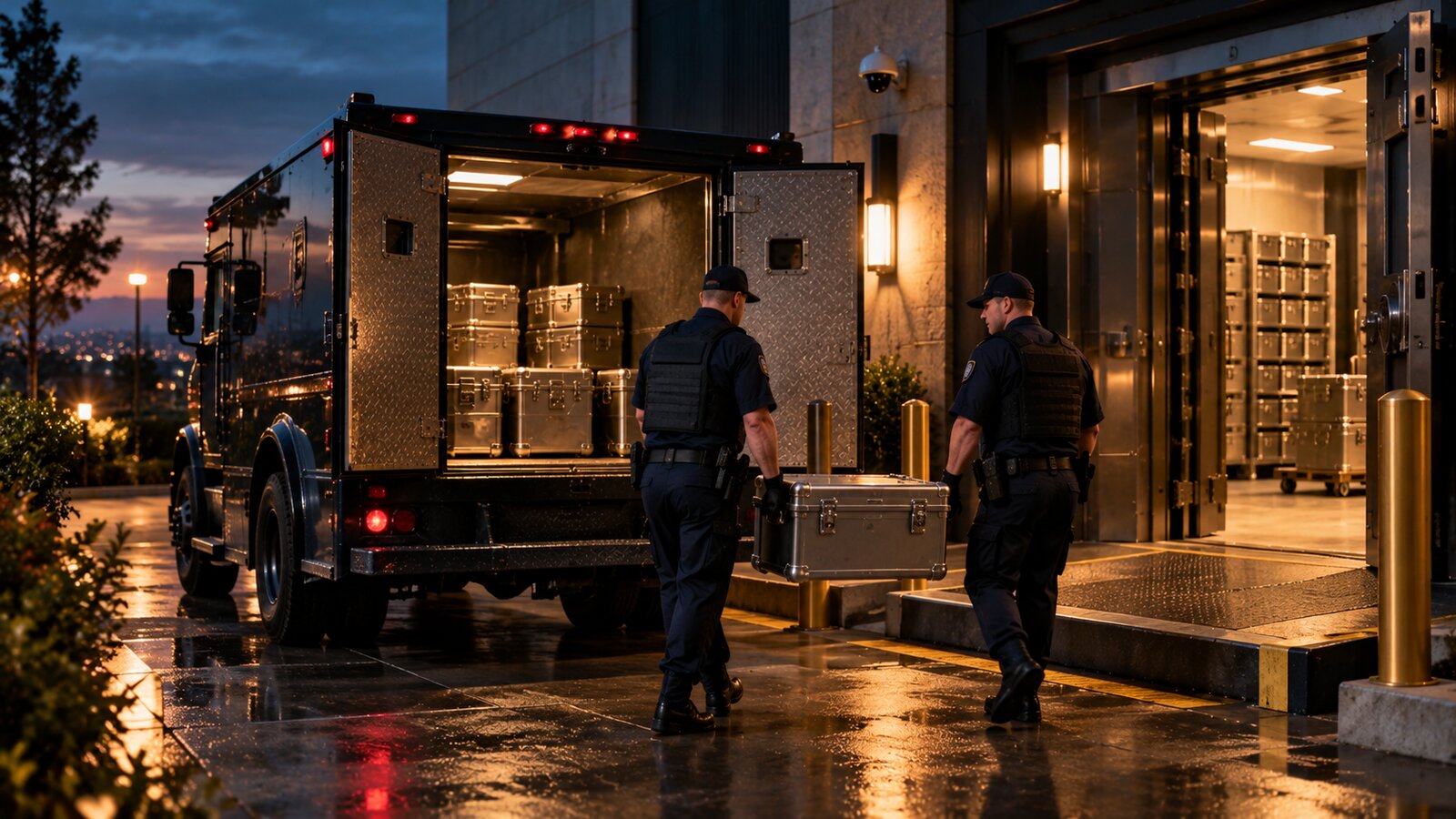 An armored vehicle making a secure vault transfer at dusk