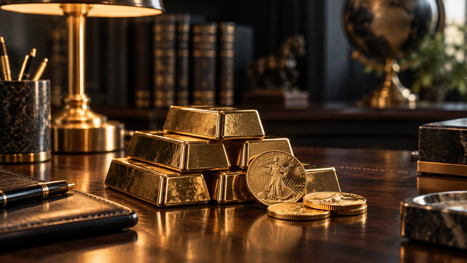 Gold bars and coins resting on an elegant wooden desk