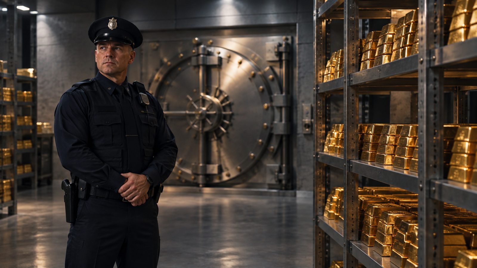 A uniformed guard standing watch beside stacked gold bars in a secure vault