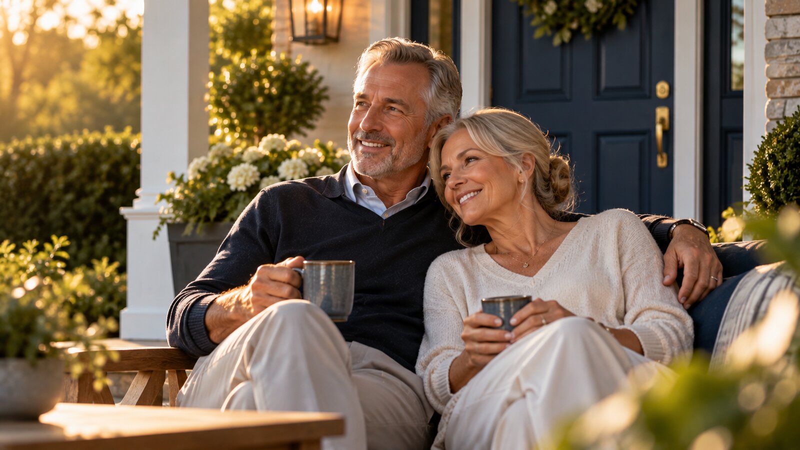 A couple sharing coffee on a porch at golden hour
