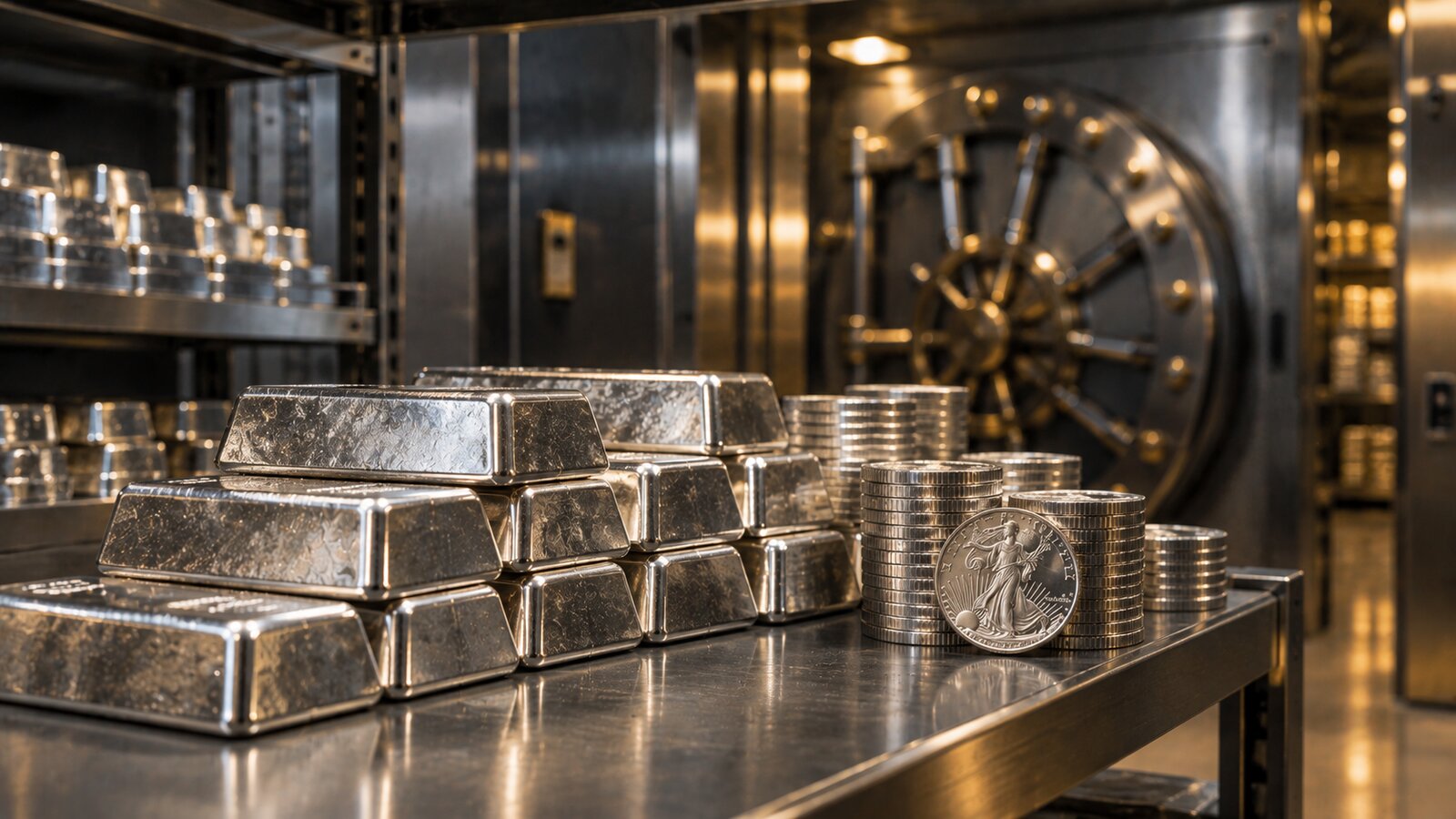 Silver bullion bars stacked inside a secure vault