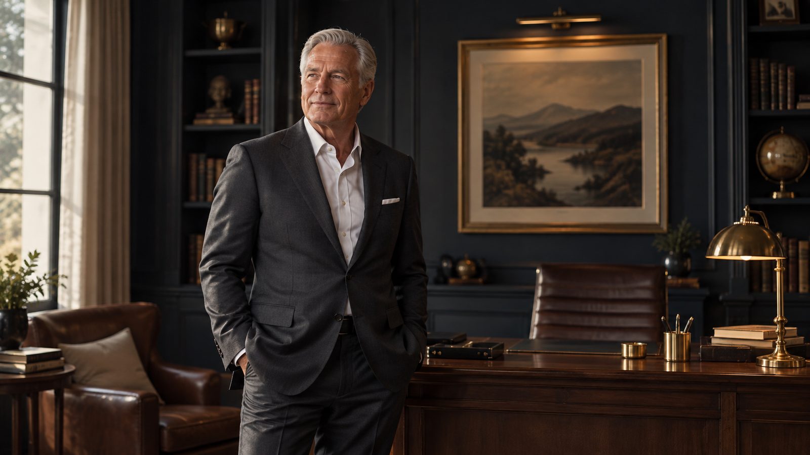 A silver-haired executive in a warm study, representing the account specialists you work with