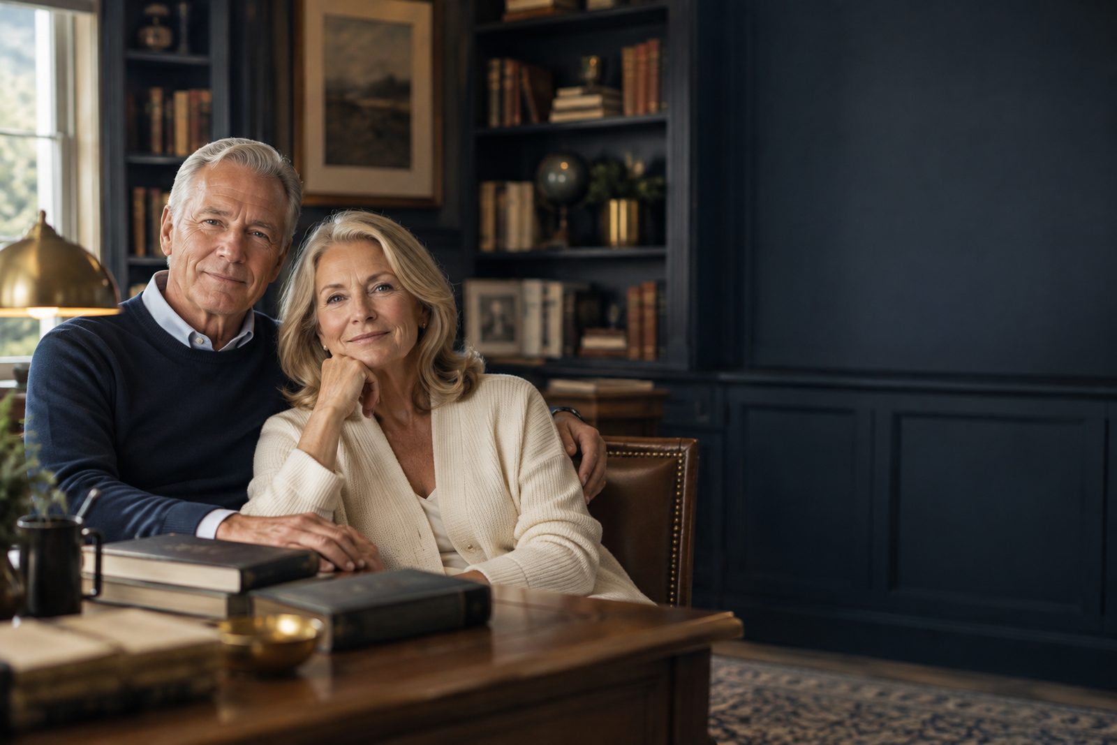 A retired couple reviewing their retirement plans together in a warm, book-lined study