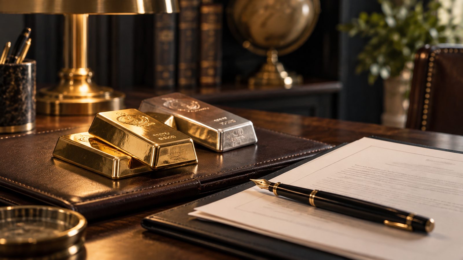 A planning desk with gold and silver coins, a calculator and retirement paperwork