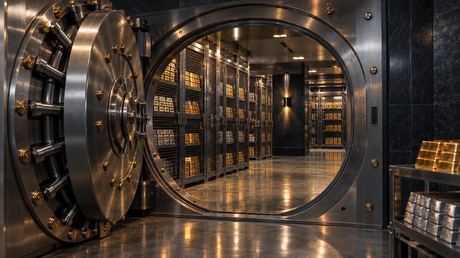 An open corridor of secure vault storage for precious metals