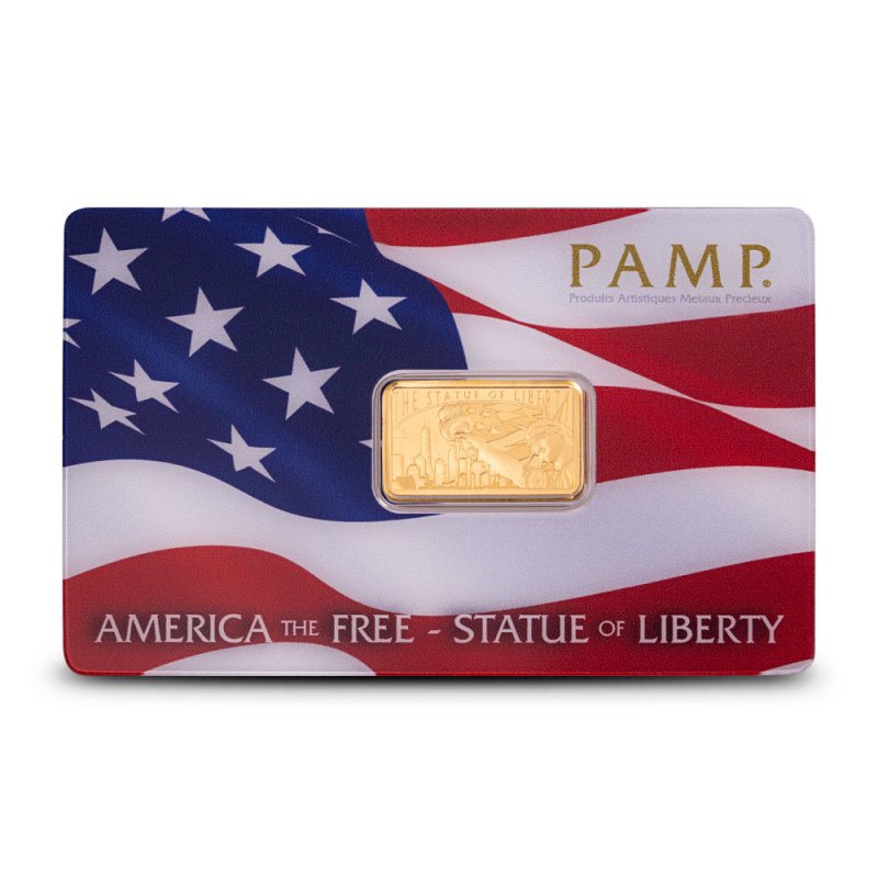 PAMP Suisse Statue of Liberty Gold Bar, in its presentation card, front